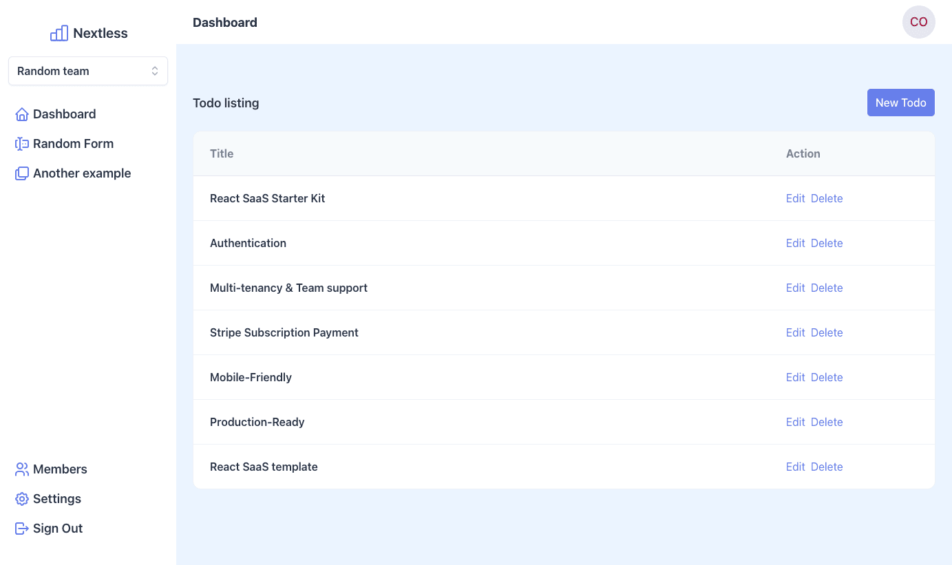 React SaaS Starter kit user dashboard