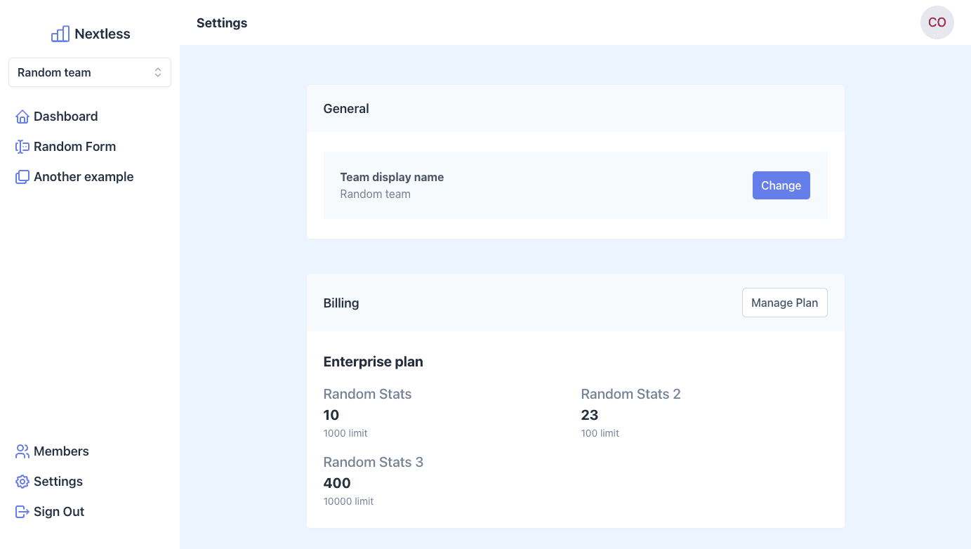 React SaaS Template user dashboard